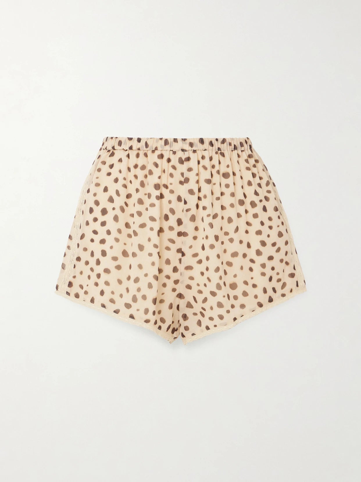 Image of a model wearing Shorts. Product name - Priscilla Lace-trimmed Cheetah-print Silk-georgette Shorts in Brown colour by brand - Posse