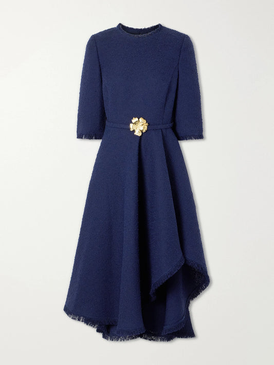 Image of Dresses. Product name - Embellished Tweed Midi Dress in Navy colour by brand - Oscar de la Renta