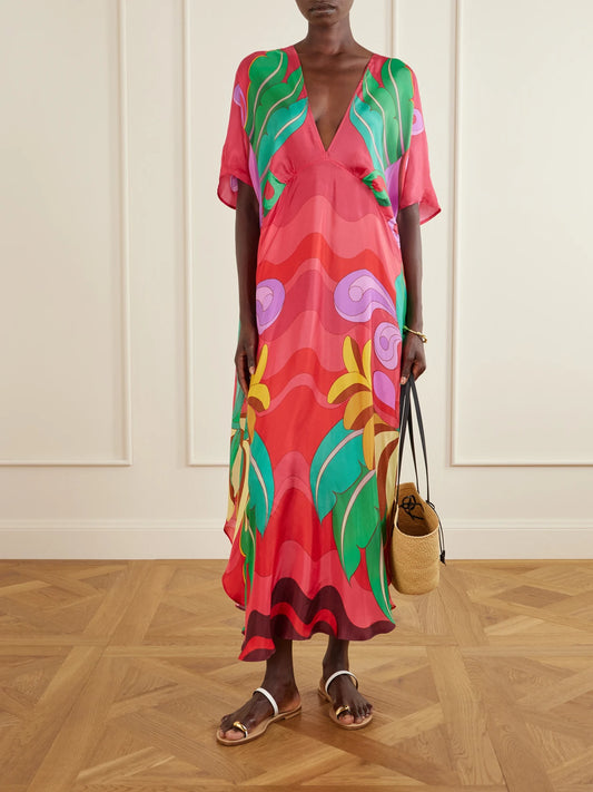 Image of Dresses. Product name - Printed Satin Coverup in Red colour by brand - Farm Rio