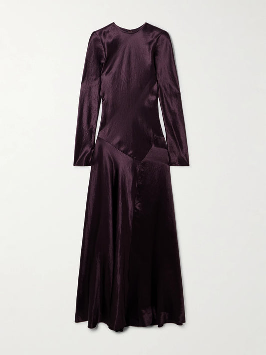 Image of Dresses. Product name - Yara Paneled Hammered-satin Maxi Dress in Burgundy colour by brand - Abadia