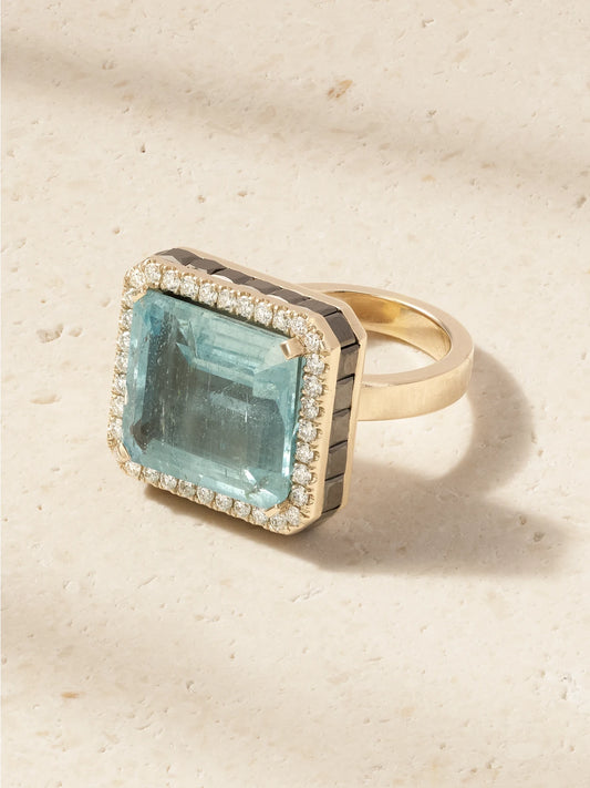 Atlantis 18-karat White Gold, Aquamarine, Blackened And White Diamond Ring
