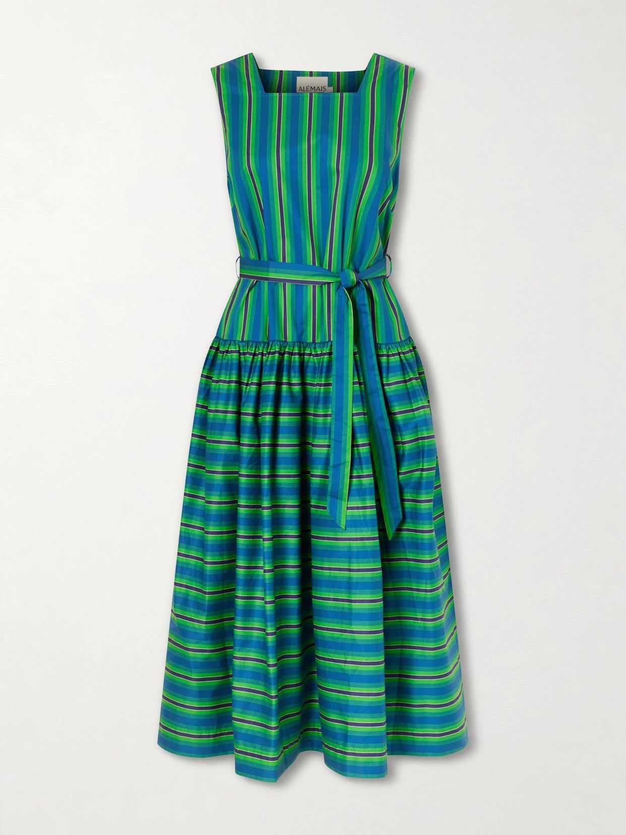 Image of Dresses. Product name - Margo Belted Striped Organic Cotton-poplin Midi Dress in Green colour by brand - ALÉMAIS