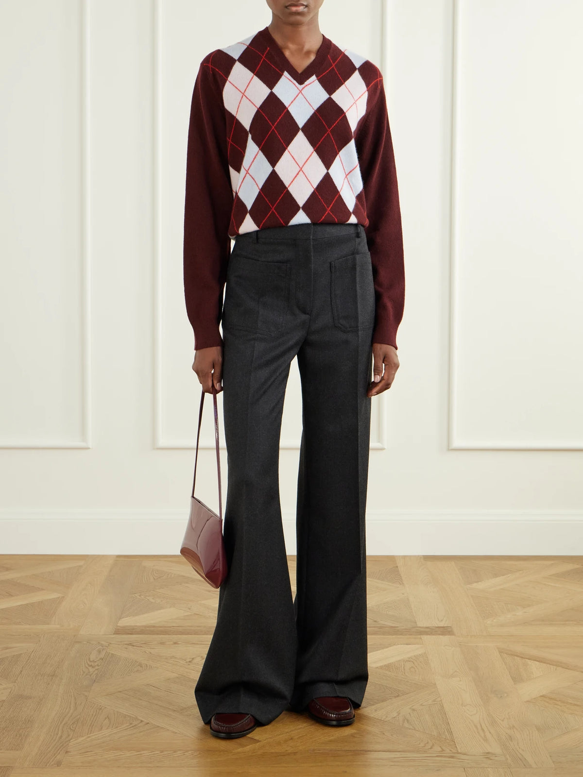 Image of a model wearing Outerwear. Product name - The Academy Checked Cashmere Sweater in Burgundy, Gray colour by brand - RÙADH