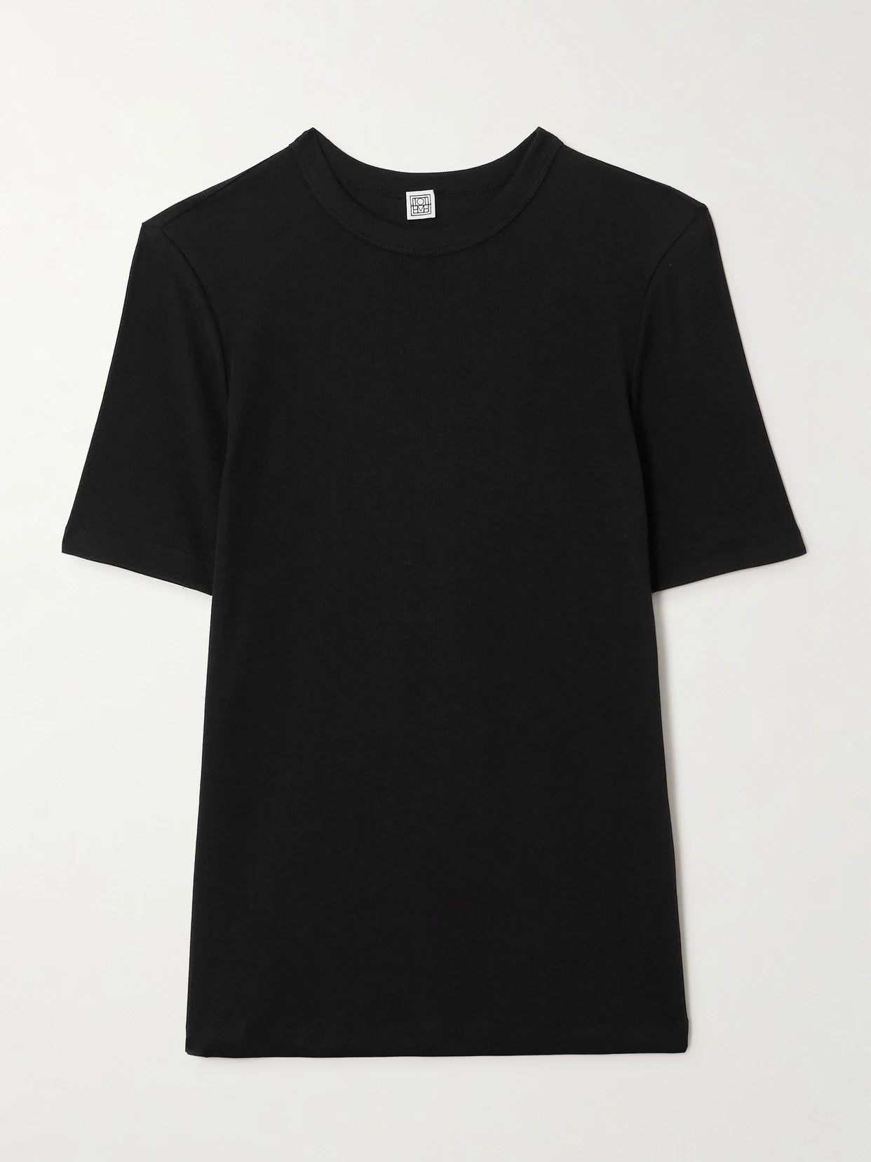 Image of a model wearing Tops. Product name - Ribbed Stretch-cotton Jersey T-shirt in Black colour by brand - TOTEME