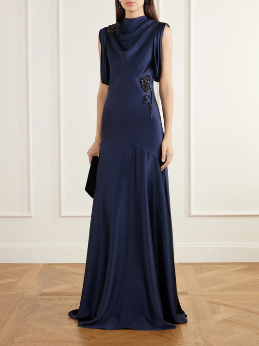 Image of Dresses. Product name - Embellished Draped Satin Gown in Navy colour by brand - Erdem