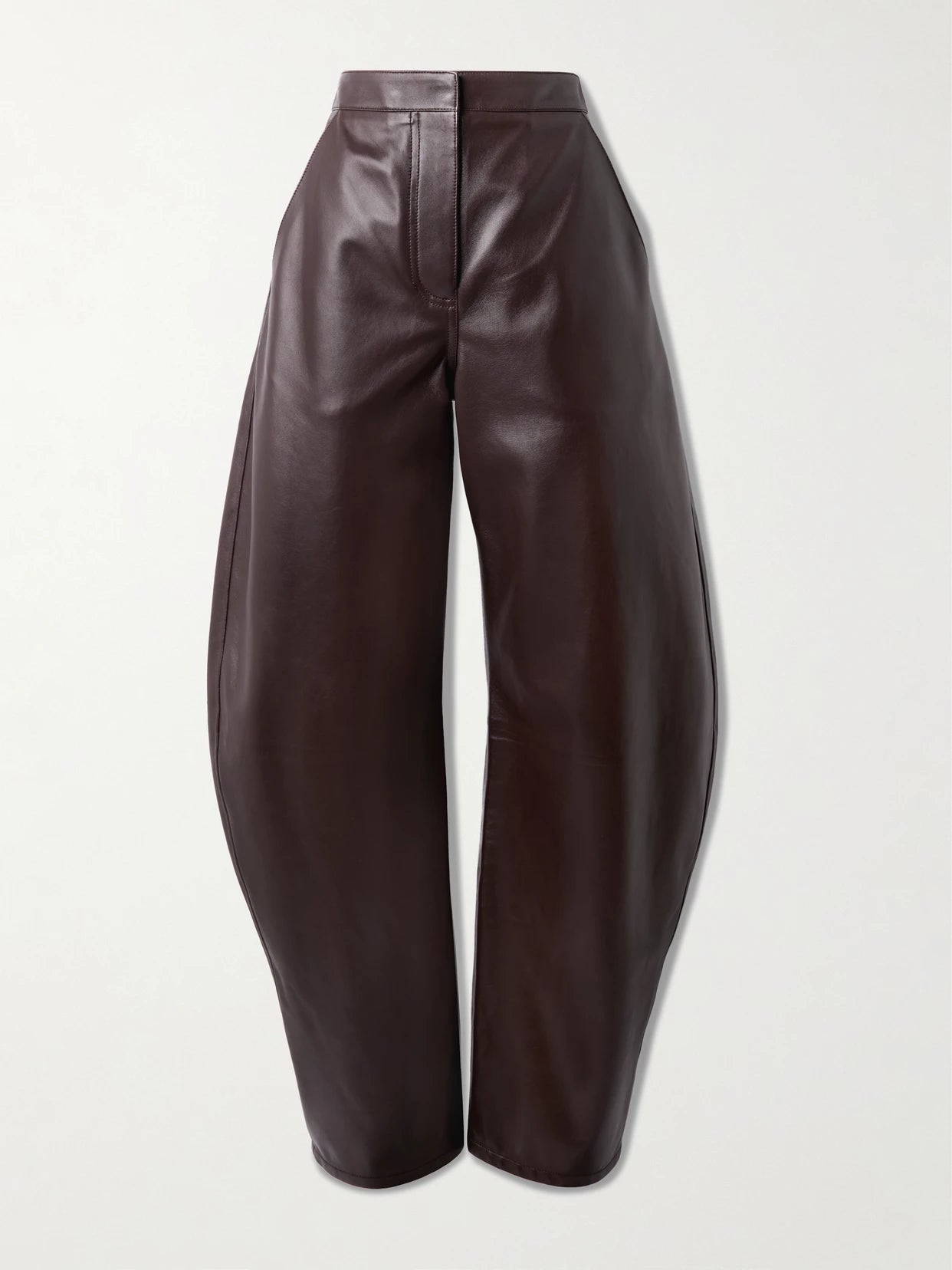 Image of a model wearing Pants. Product name - Leather Barrel-leg Pants in Dark brown colour by brand - Alaïa