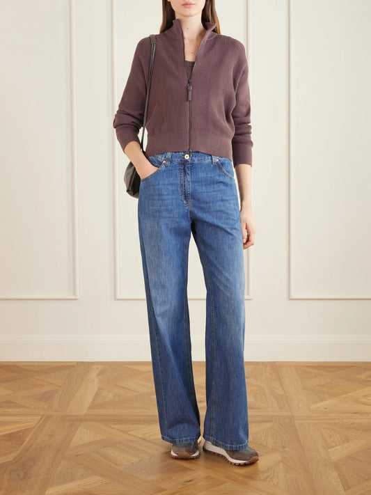 Image of a model wearing Outerwear. Product name - Ribbed Cotton Zip-up Turtleneck Cardigan in Burgundy colour by brand - Brunello Cucinelli