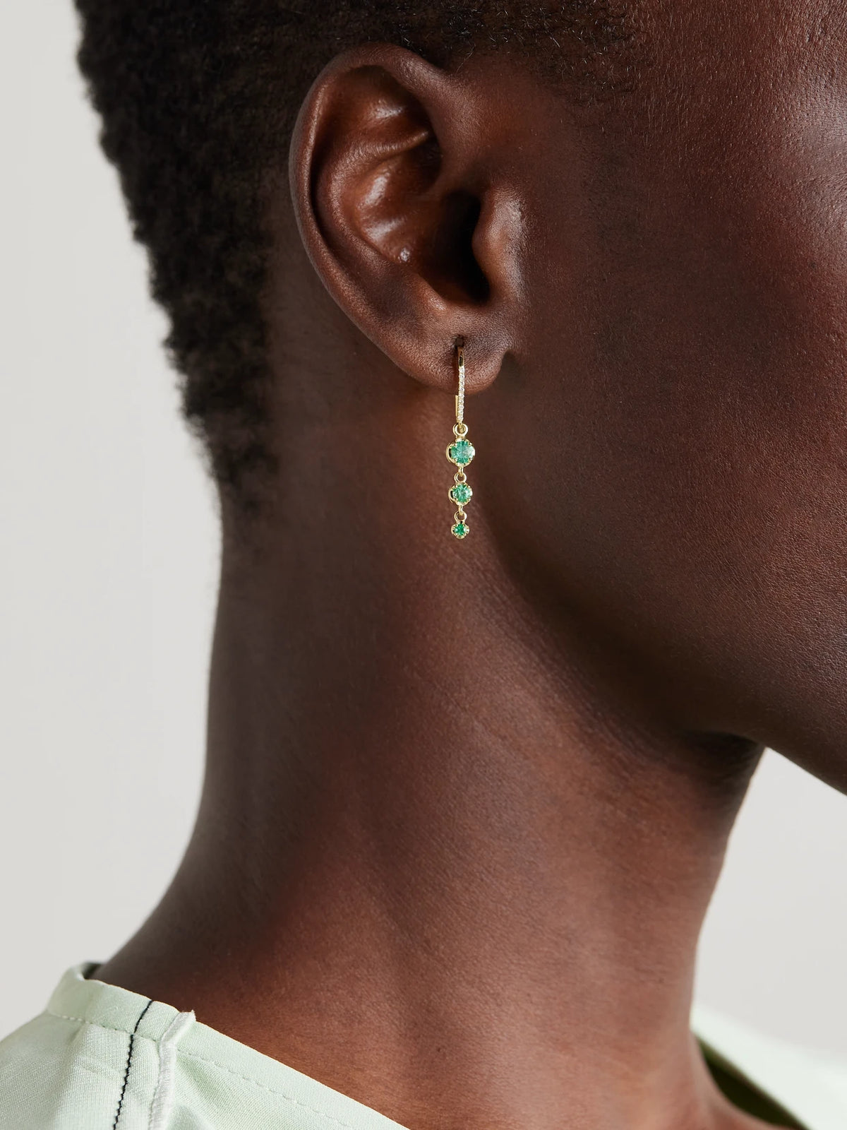 Image of Earrings. Product name - 3 Graduated Illusion 18-karat Gold, Emerald And Diamond Earrings in Multi colour by brand - Jennifer Meyer