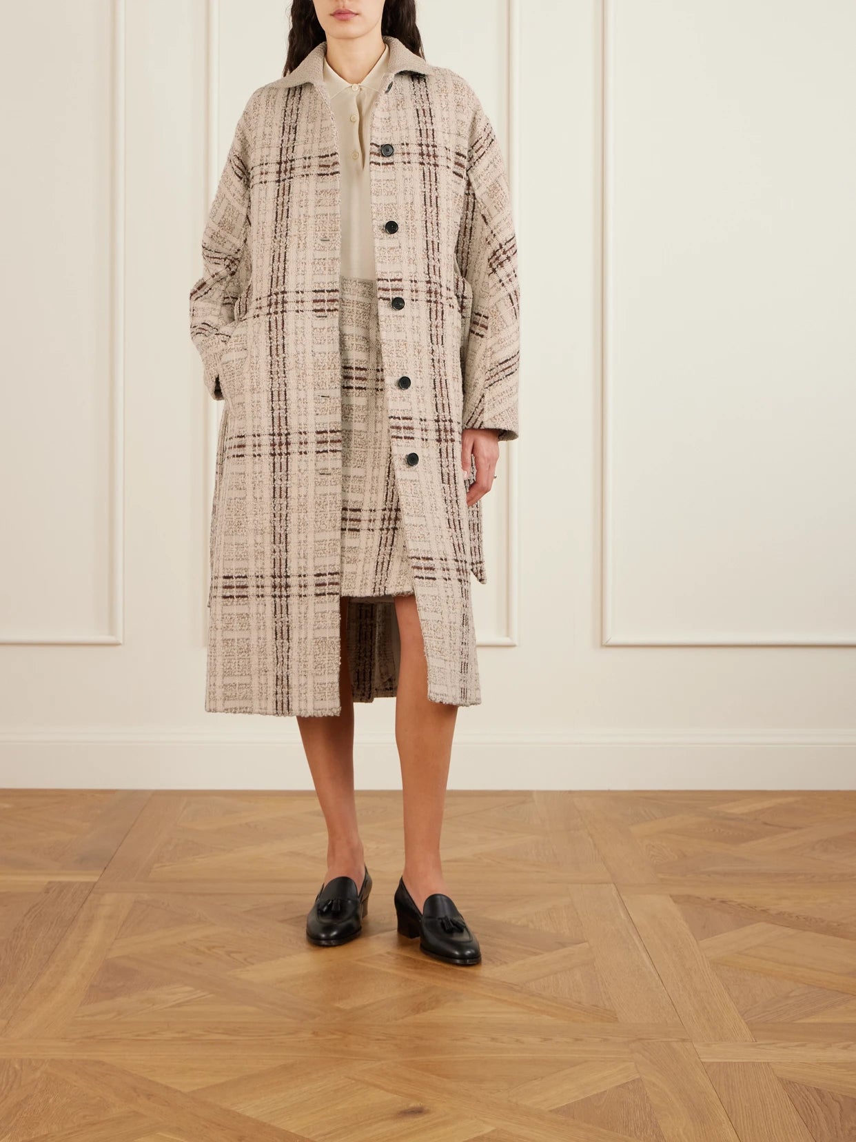 Image of Coats & Jackets. Product name - Checked Wool-blend Tweed Coat in Cream colour by brand - Loro Piana
