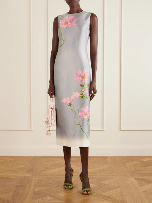 Image of Dresses. Product name - Floral-print Satin Midi Dress in Gray colour by brand - Oscar de la Renta