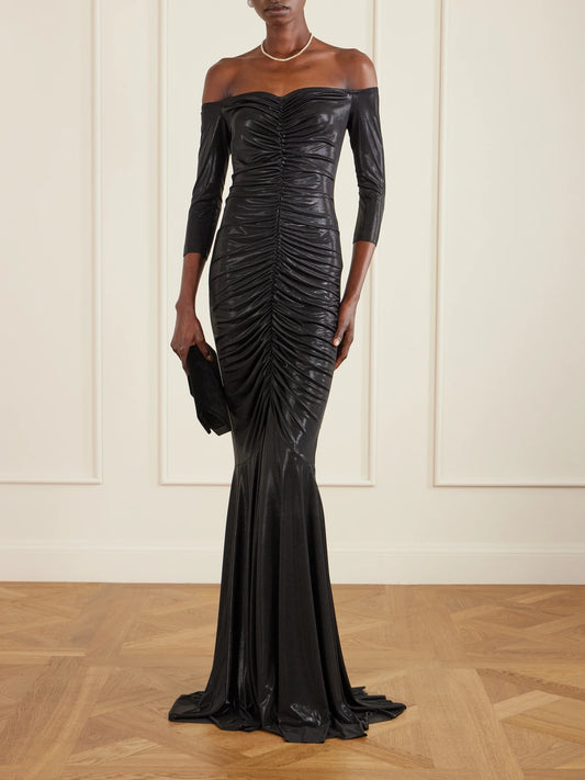 Off-shoulder Ruched Stretch-lamé Gown