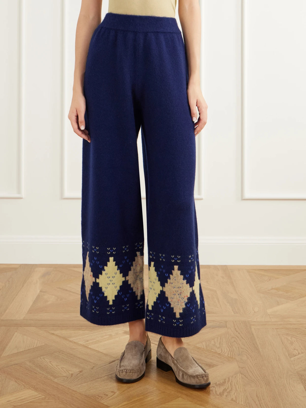 Calle Del Mar Argyle Cashmere Wide-leg Pants