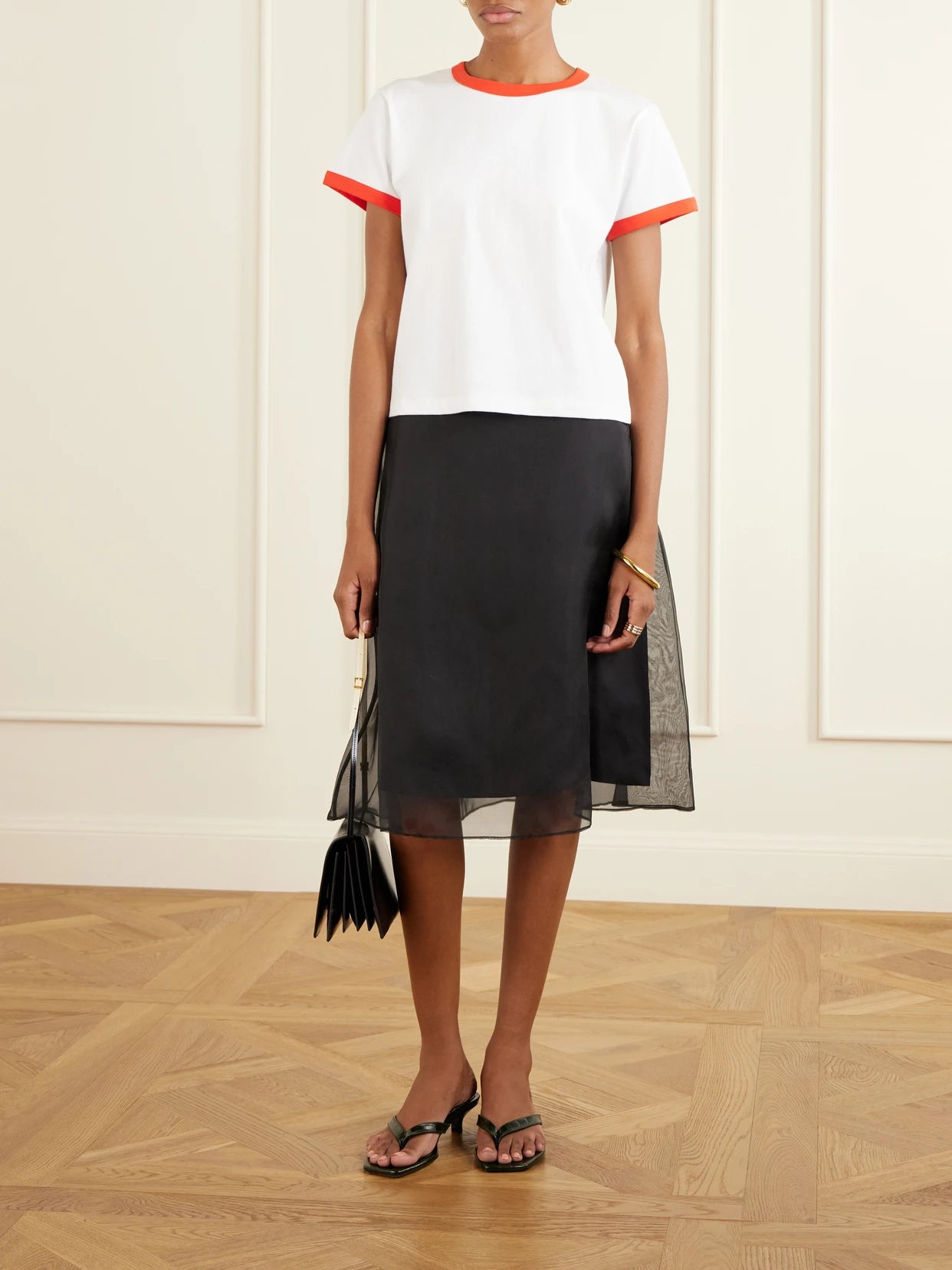 Image of a model wearing Tops. Product name - Margo Cotton-jersey T-shirt in White colour by brand - LESET