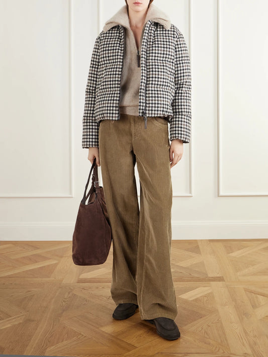 Image of Coats & Jackets. Product name - Shearling-trimmed Alpaca-blend Twill Down Jacket in Multi colour by brand - Brunello Cucinelli