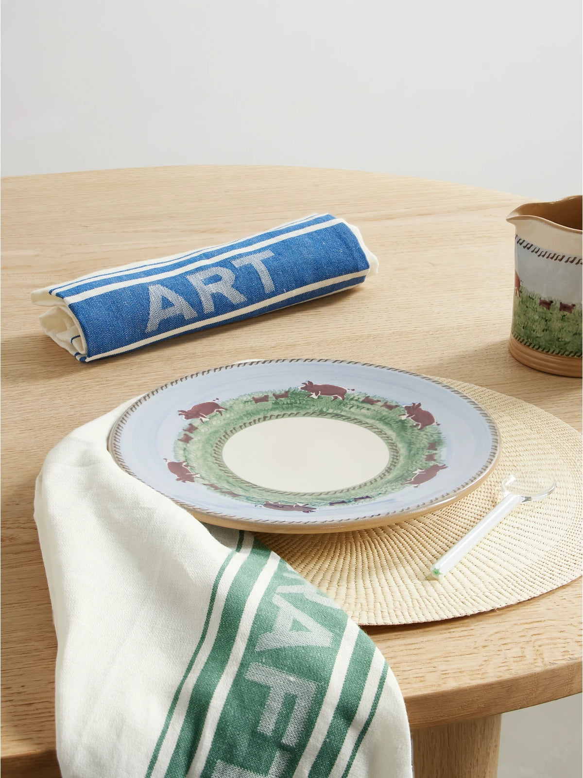 Image of Tableware. Product name - Neilly Set Of Three Striped Linen Napkins in Off-white colour by brand - JW Anderson