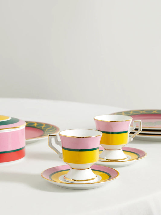 Image of Tableware. Product name - Set Of Two Gold-plated Porcelain Espresso Cups And Saucers in Pink colour by brand - La DoubleJ