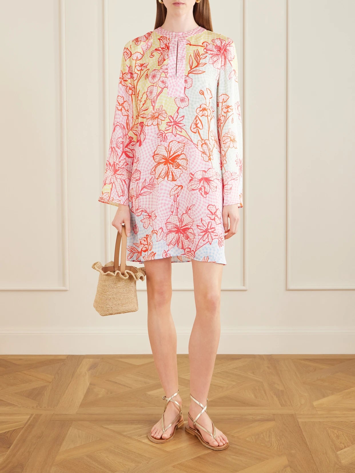 Image of Dresses. Product name - Elsa Checked Floral-print Satin Midi Dress in Pink colour by brand - Mary Katrantzou