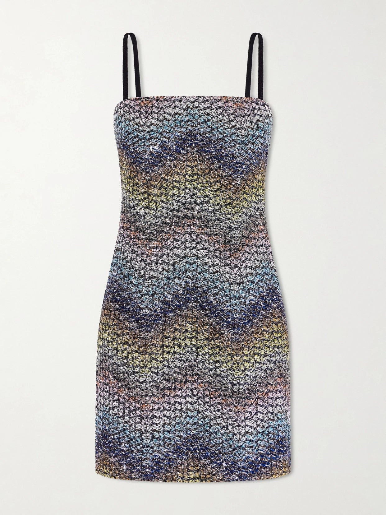 Image of Dresses. Product name - Sequin-embellished Metallic Crochet-knit Mini Dress in Blue colour by brand - Missoni