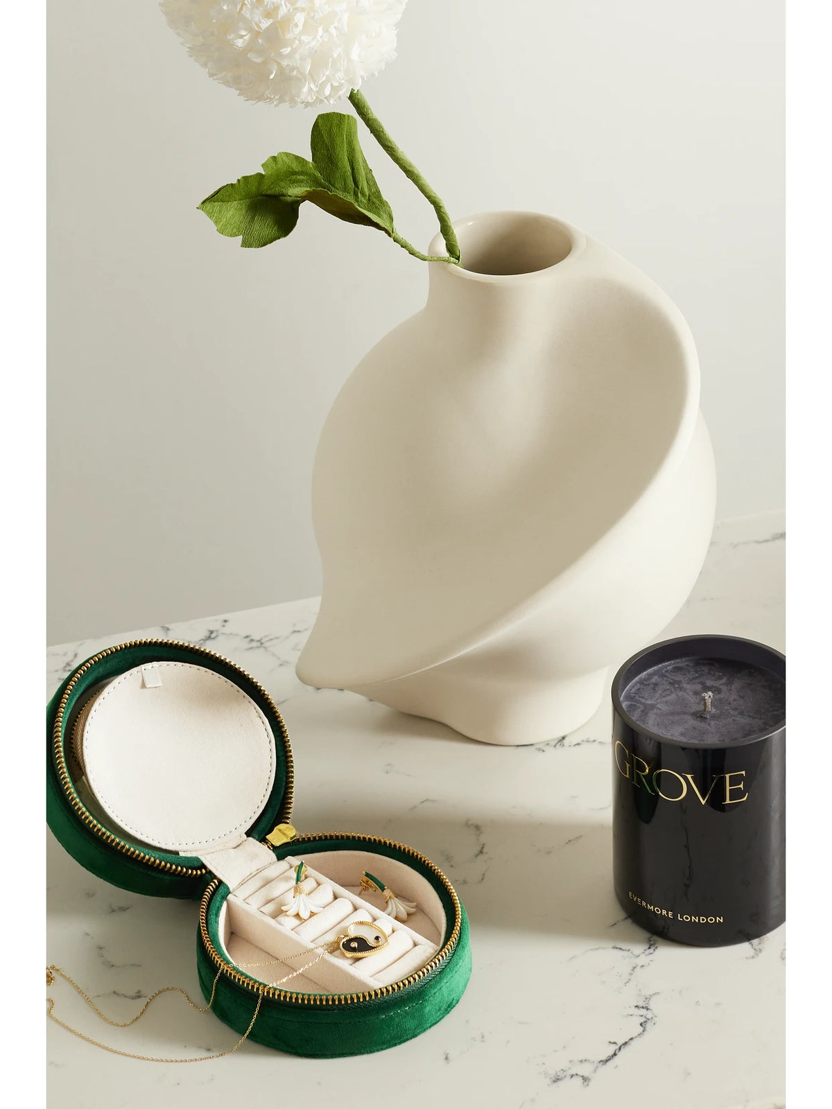 Image of Decor. Product name - You Are The Sun To My Moon Embroidered Velvet Jewelry Box in Green colour by brand - L'Atelier Nawbar