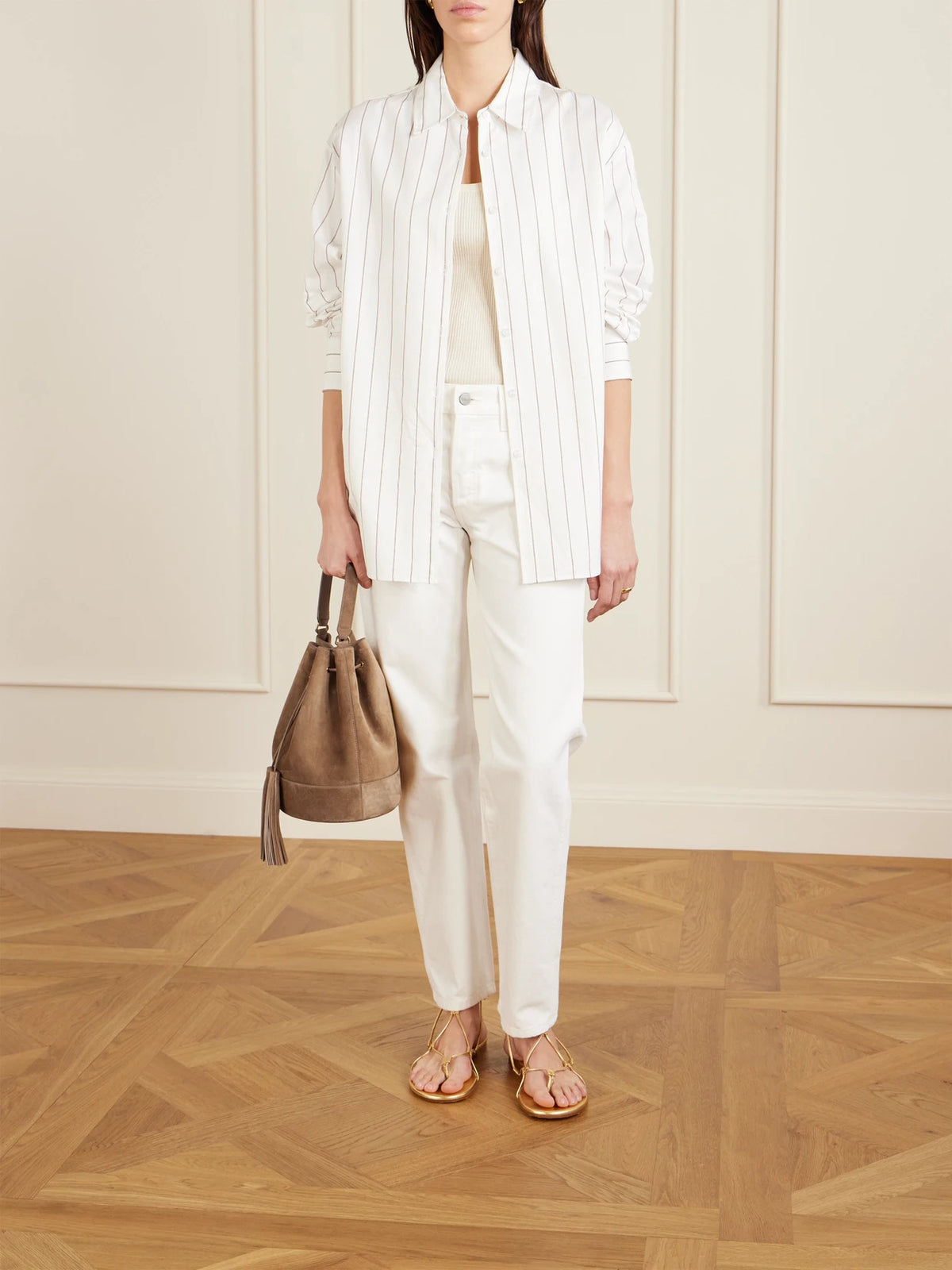 Image of Bags. Product name - Sienna Tasseled Leather-trimmed Suede Bucket Bag in Beige colour by brand - Gianvito Rossi