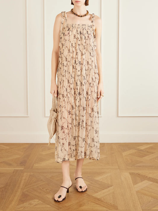 Image of Dresses. Product name - Emrys Shadow Floral-print Gathered Midi Dress in Off-white colour by brand - ALIX OF BOHEMIA