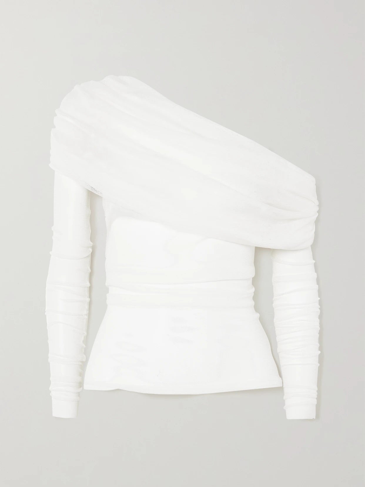 Image of a model wearing Tops. Product name - Off-the-shoulder Gathered Silk-tulle Top in White colour by brand - Christopher Esber