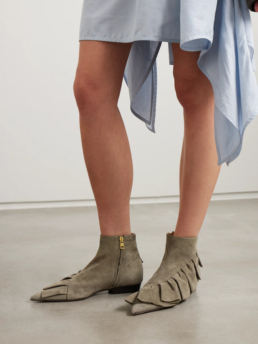 Ruffled Suede Ankle Boots