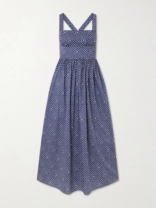 Image of Dresses. Product name - Gathered Printed Organic Cotton Midi Dress in Blue colour by brand - Matteau
