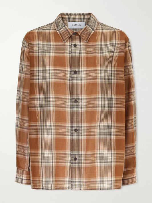 Image of a model wearing Tops. Product name - Checked Cotton-voile Shirt in Brown colour by brand - Matteau