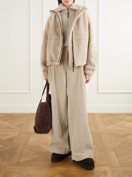 Image of Coats & Jackets. Product name - Reversible Hooded Monili-embellished Leather And Shearling Jacket in Beige colour by brand - Brunello Cucinelli