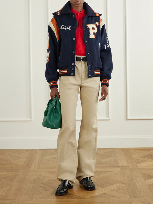 Image of Coats & Jackets. Product name - Embroidered Appliquéd Leather-trimmed Wool-blend Twill Jacket in Navy colour by brand - Polo Ralph Lauren