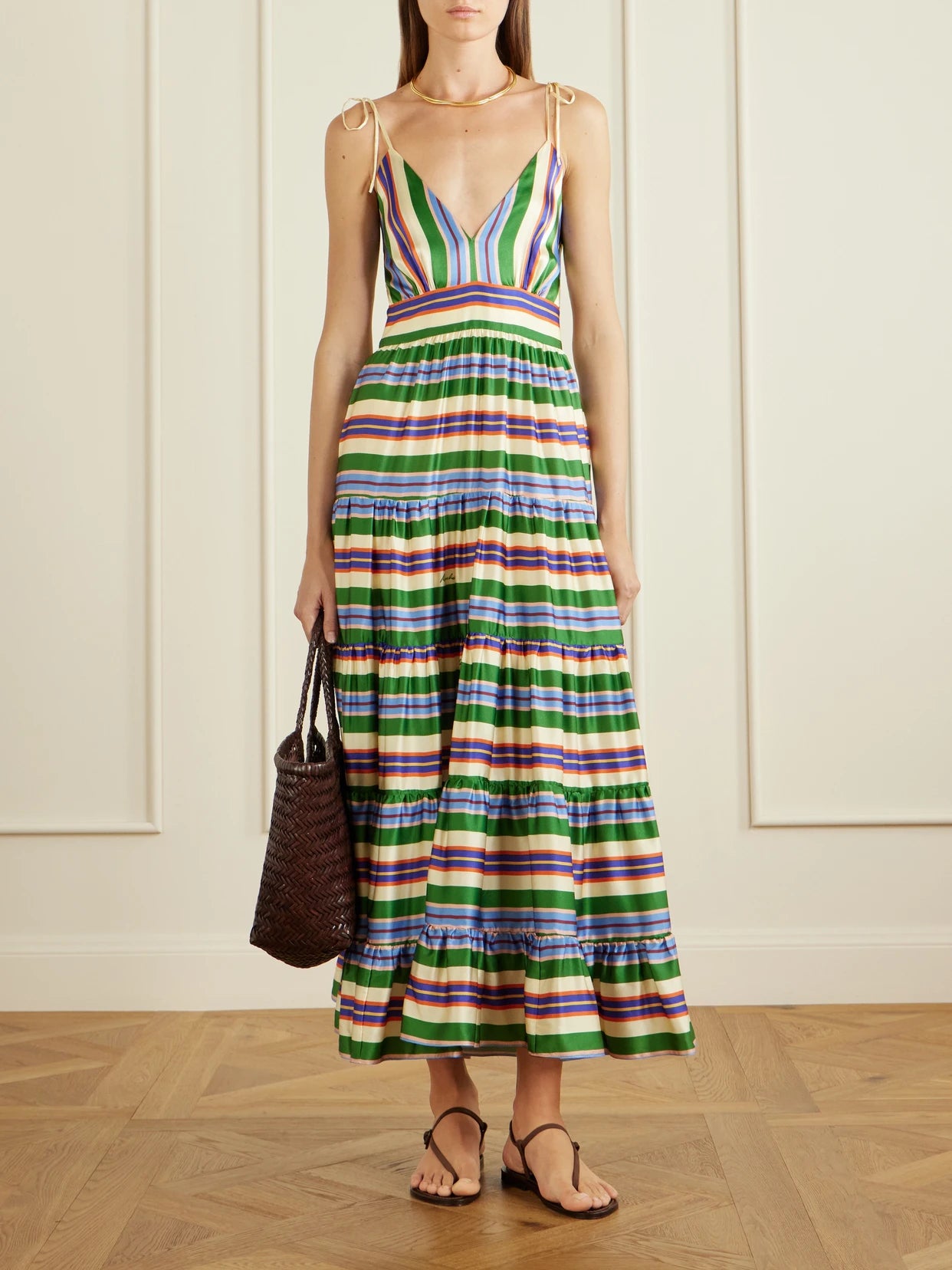 Image of Dresses. Product name - Allegra Tiered Striped Silk-blend Maxi Dress in Multi colour by brand - Cristiano Marcheli