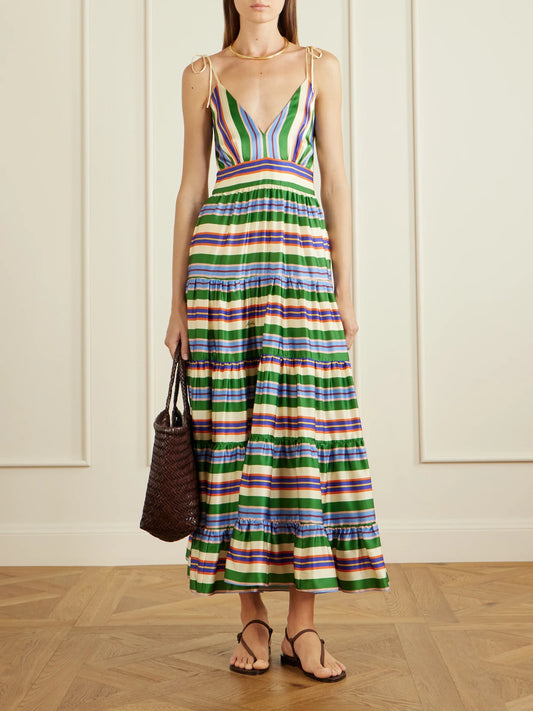 Image of Dresses. Product name - Allegra Tiered Striped Silk-blend Maxi Dress in Multi colour by brand - Cristiano Marcheli