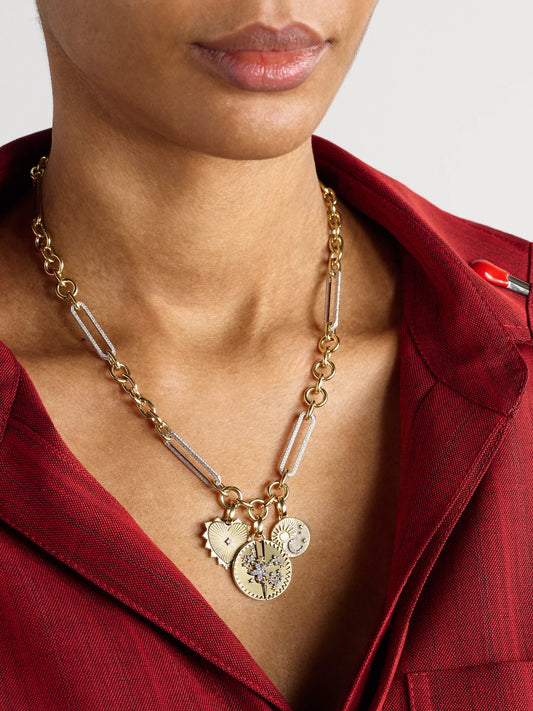 Image of Necklaces. Product name - Resilience, Balance And Radiating Heart 18-karat Yellow And White Gold Diamond Necklace in Multi colour by brand - FoundRae