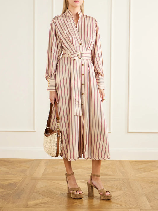 Image of Dresses. Product name - Valiant Belted Striped Satin Midi Dress in Cream colour by brand - Zimmermann