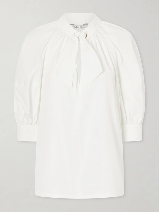 Image of a model wearing Tops. Product name - Scarf-detailed Cotton Shirt in White colour by brand - Max Mara