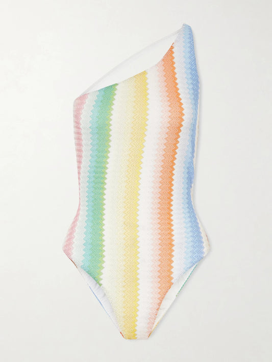 Image of Swimwear. Product name - Mare One-shoulder Striped Metallic Crochet-knit Swimsuit in Multi colour by brand - Missoni