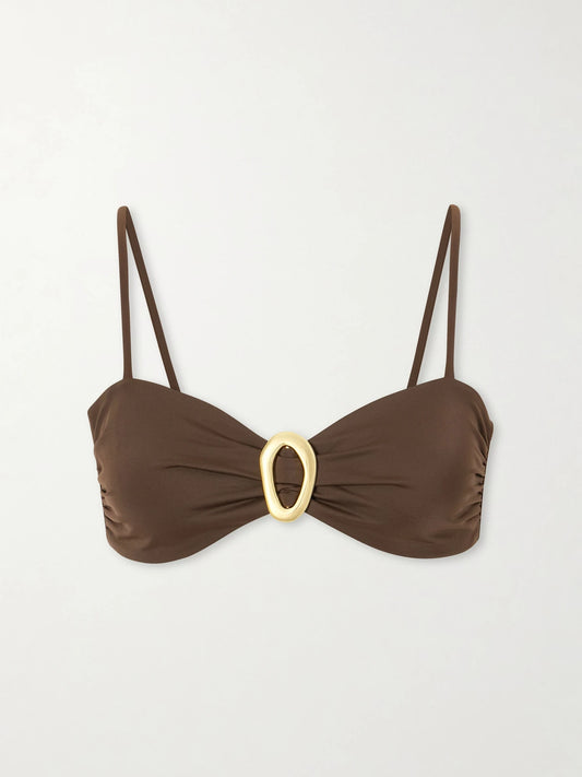 Image of Swimwear. Product name - Cabo Verde Embellished Bikini Top in Brown colour by brand - Away That Day