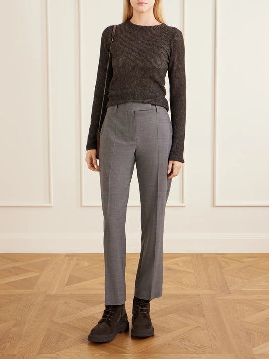 Image of a model wearing Pants. Product name - Tapered Wool-blend Straight-leg Pants in Dark gray colour by brand - Brunello Cucinelli