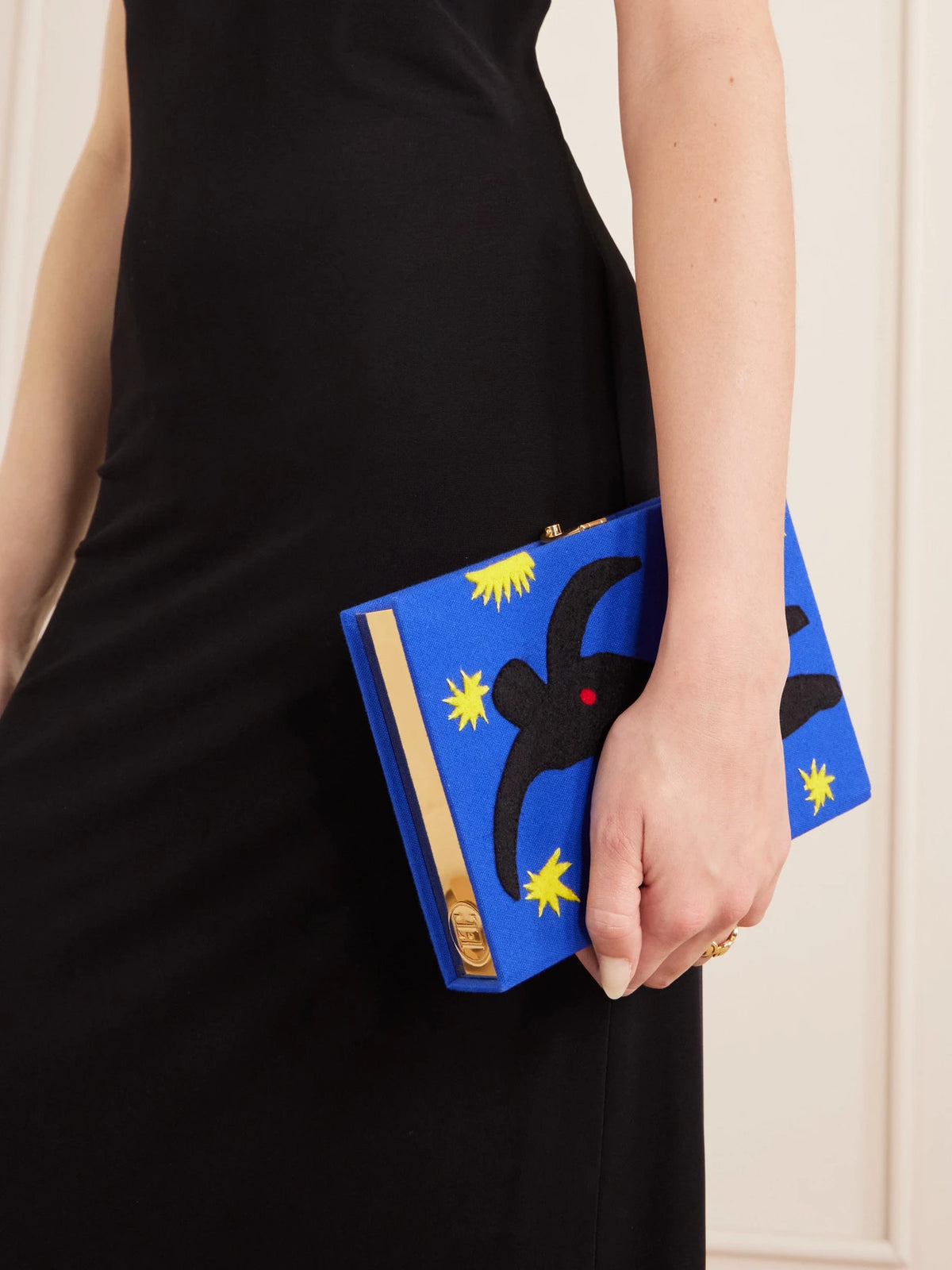 Image of Bags. Product name - Icarus Embroidered Appliquéd Cotton, Wool And Silk-blend Canvas Clutch in Blue colour by brand - Olympia Le-Tan