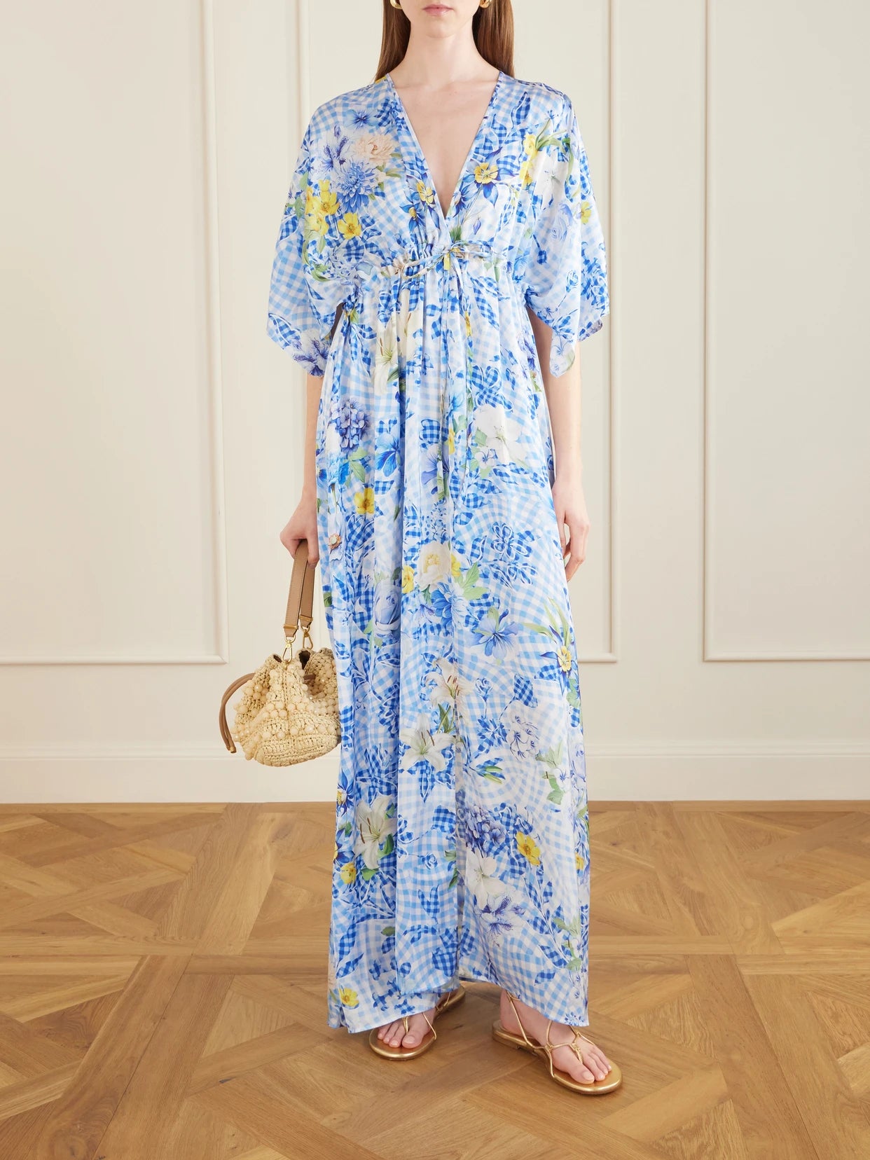 Image of Dresses. Product name - Taormina Checked Floral-print Satin Kaftan in Blue colour by brand - Mary Katrantzou