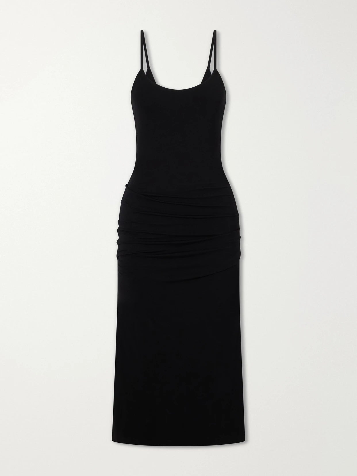 Image of Dresses. Product name - Ruched Stretch-jersey Midi Dress in Black colour by brand - TOTEME