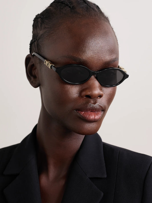 Image of Sunglasses. Product name - Diortreasure R1i Embellished Oval-frame Acetate Sunglasses in Black colour by brand - DIOR Eyewear