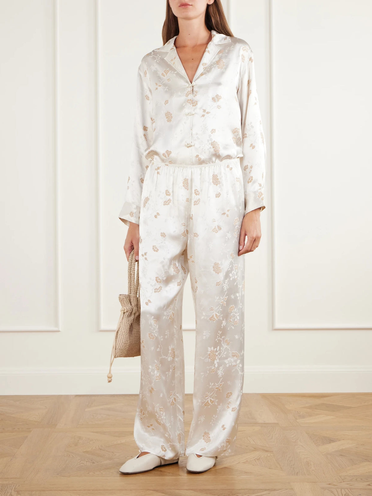 Image of Outfit Sets. Product name - Lavona Floral-jacquard Satin Wide-leg Pants in Off-white colour by brand - DÔEN