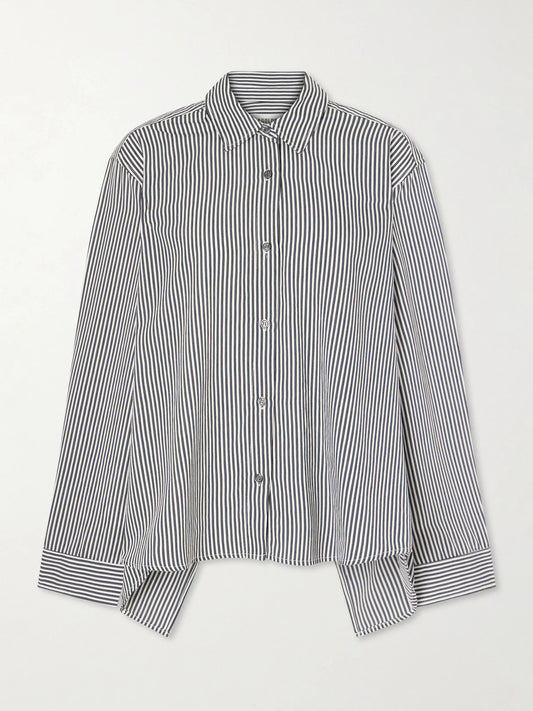 Image of a model wearing Tops. Product name - Theo Striped Poplin Shirt in Black colour by brand - AGOLDE