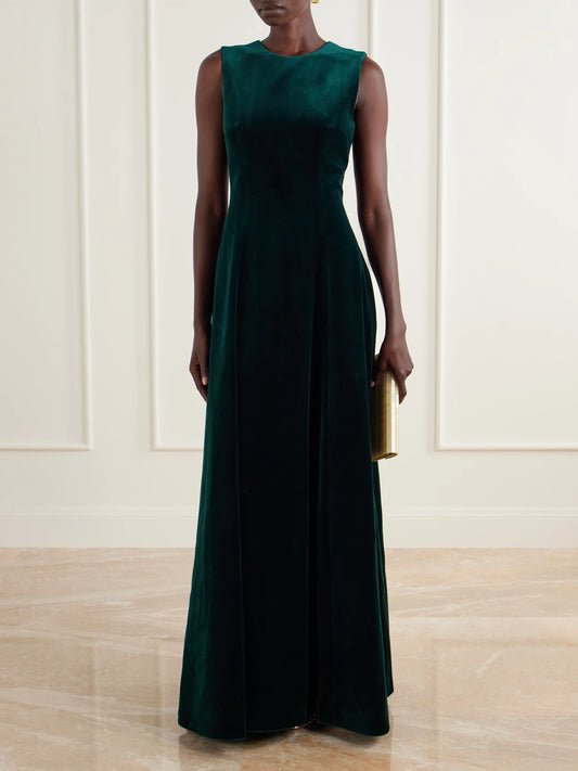 Image of Dresses. Product name - Nodin Open-back Cotton-velvet Gown in Dark green colour by brand - Emilia Wickstead