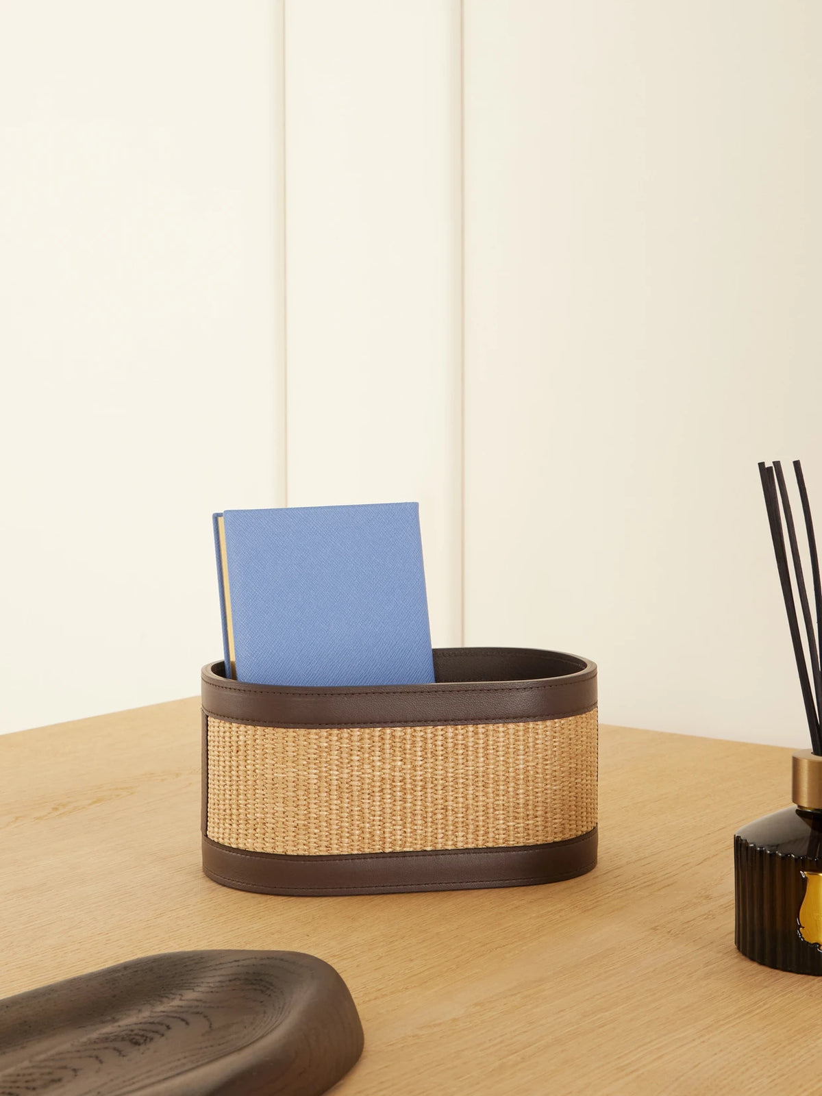 Image of Decor. Product name - Raffia And Leather Basket in Brown colour by brand - Brunello Cucinelli