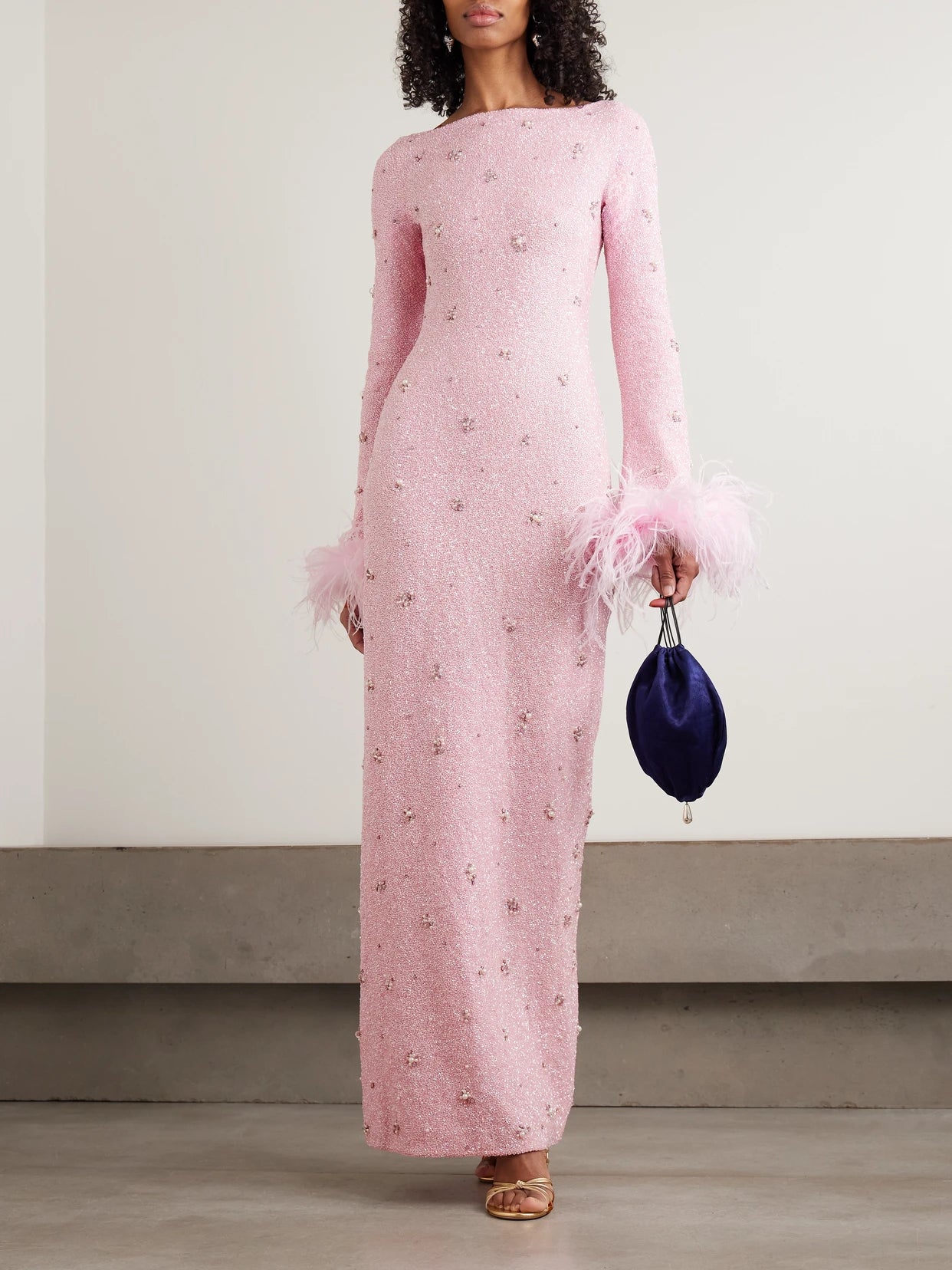 Image of Dresses. Product name - Mae Feather-trimmed Embellished Stretch-mesh Gown in Pink colour by brand - Clio Peppiatt