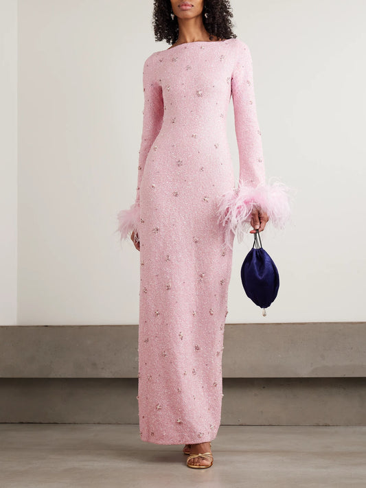 Image of Dresses. Product name - Mae Feather-trimmed Embellished Stretch-mesh Gown in Pink colour by brand - Clio Peppiatt
