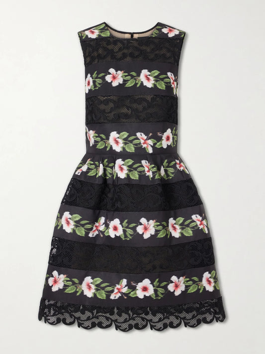 Image of Dresses. Product name - Floral-print Lace-trimmed Crepe De Chine Mini Dress in Black colour by brand - Oscar de la Renta